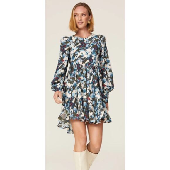 Peter Som Collective Blue Floral Empire Dress Mini Long Sleeves Flutter Hem US 4 - Picture 1 of 11